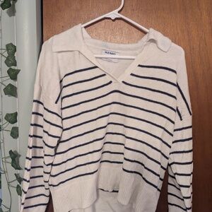 Old Navy V-Neck Sweater White and Blue Stripes